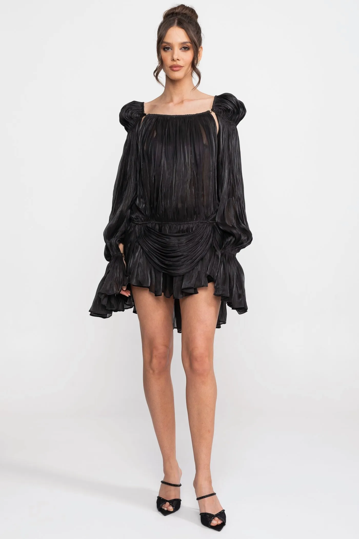 Sheer Draped Mini Dress With Cape Sleeves And Gold Clip Detail - Black sold by Sierra darien product image thumbnail 3