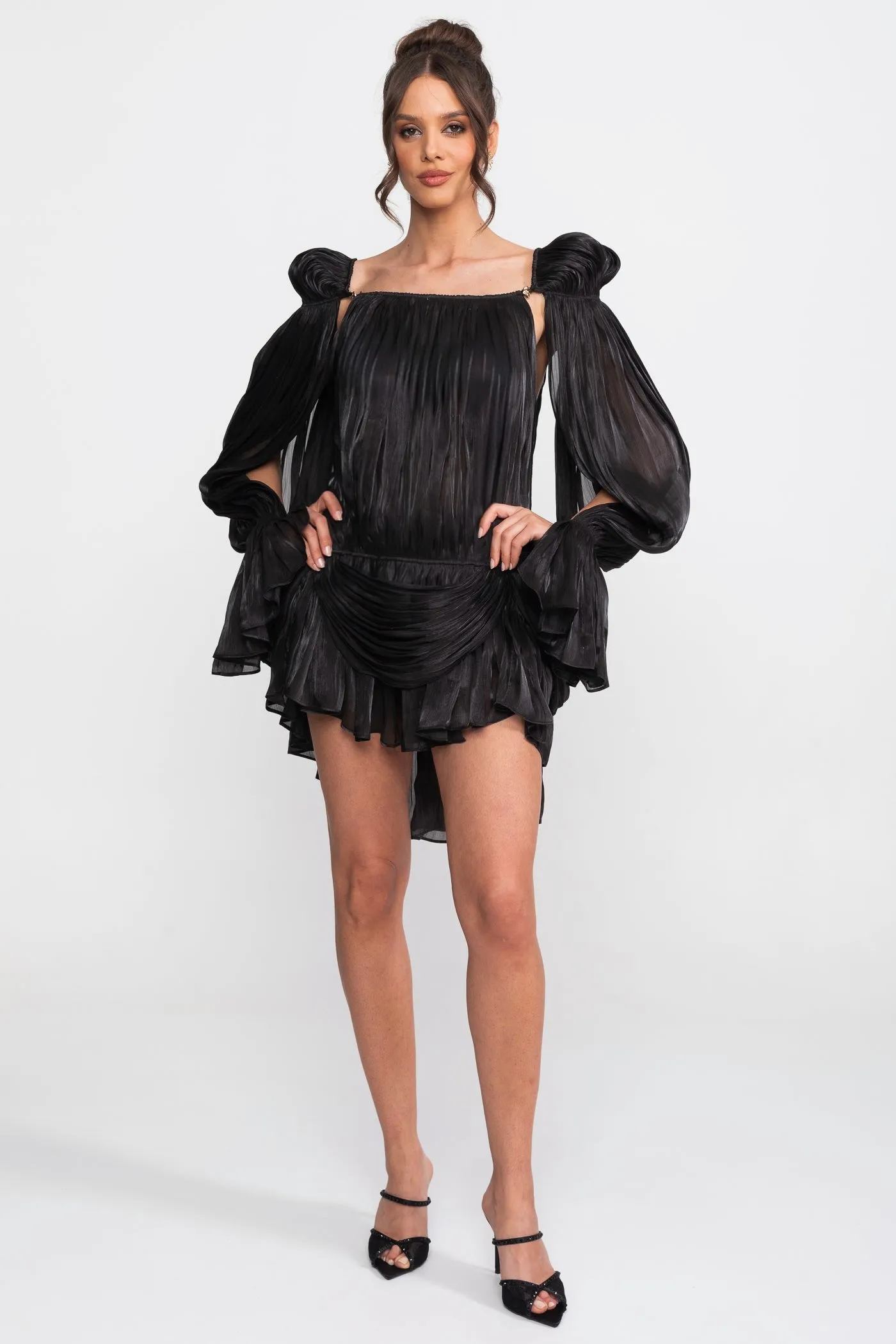 Sheer Draped Mini Dress With Cape Sleeves And Gold Clip Detail - Black sold by Sierra darien product image thumbnail 4