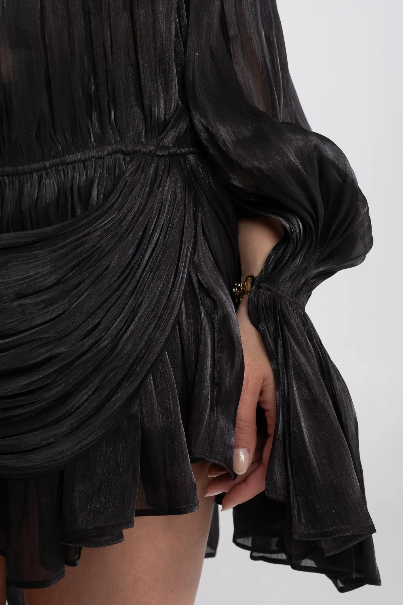 Sheer Draped Mini Dress With Cape Sleeves And Gold Clip Detail - Black sold by Sierra darien product image thumbnail 5