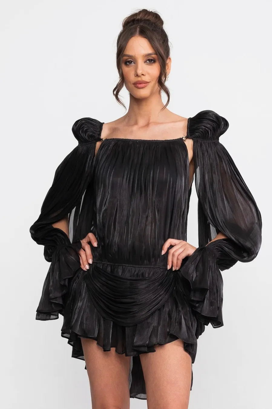 Sheer Draped Mini Dress With Cape Sleeves And Gold Clip Detail - Black sold by Sierra darien product image thumbnail 2