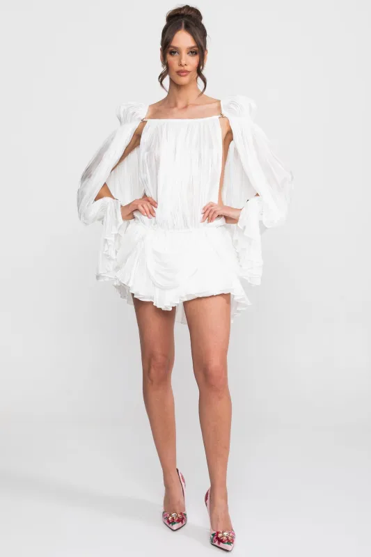 Sheer Draped Mini Dress With Cape Sleeves And Gold Clip Detail - White made by Sierra darien