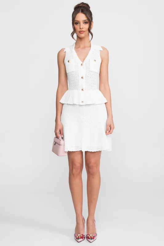 Open-Knit Mini Dress With V-Neckline and Polo Collar - White made by Sierra darien