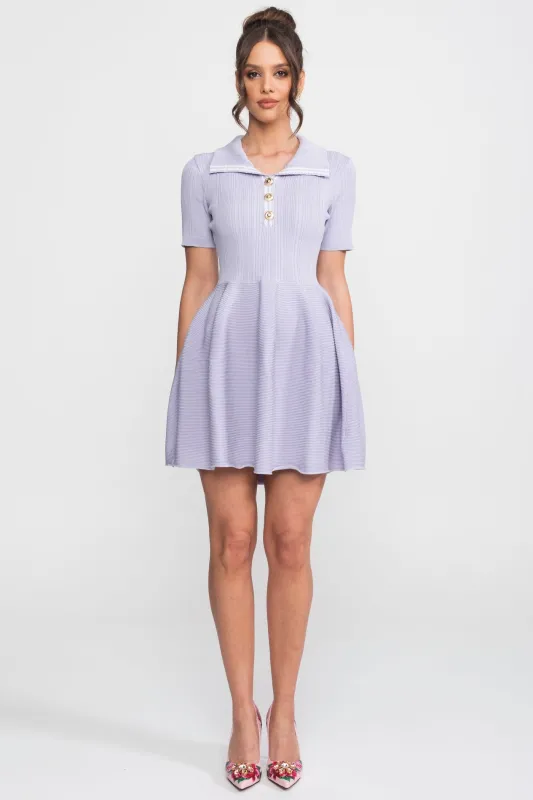 Ribbed Knit Mini Dress With Open Polo Collar And Jewel Buttons - Lilac made by Sierra darien