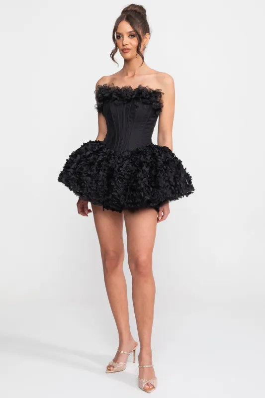 Strapless Corset Mini Dress With 3D Rose Appliqué Skirt - Black made by Sierra darien
