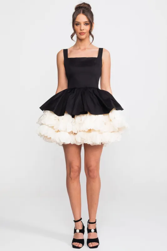 Strapless Mini Dress With Square Neckline And Ruffled Skirt Underlay - Black made by Sierra darien