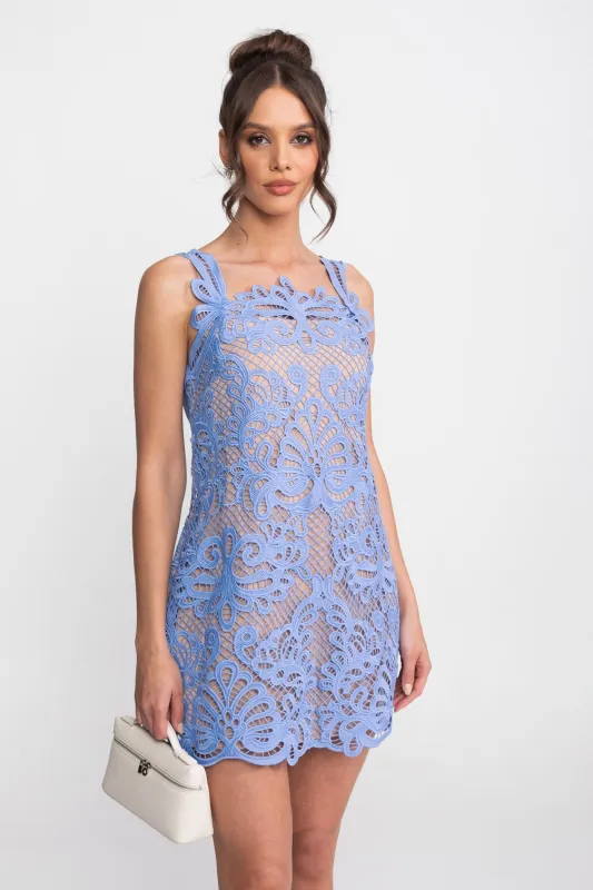Guipure Lace Sleeveless Mini Dress With Scallop Hem - Light Blue made by Sierra darien