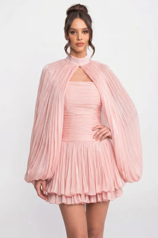 High-Neck Balloon-Sleeve Mini Dress With Pleated Skirt - Pink made by Sierra darien