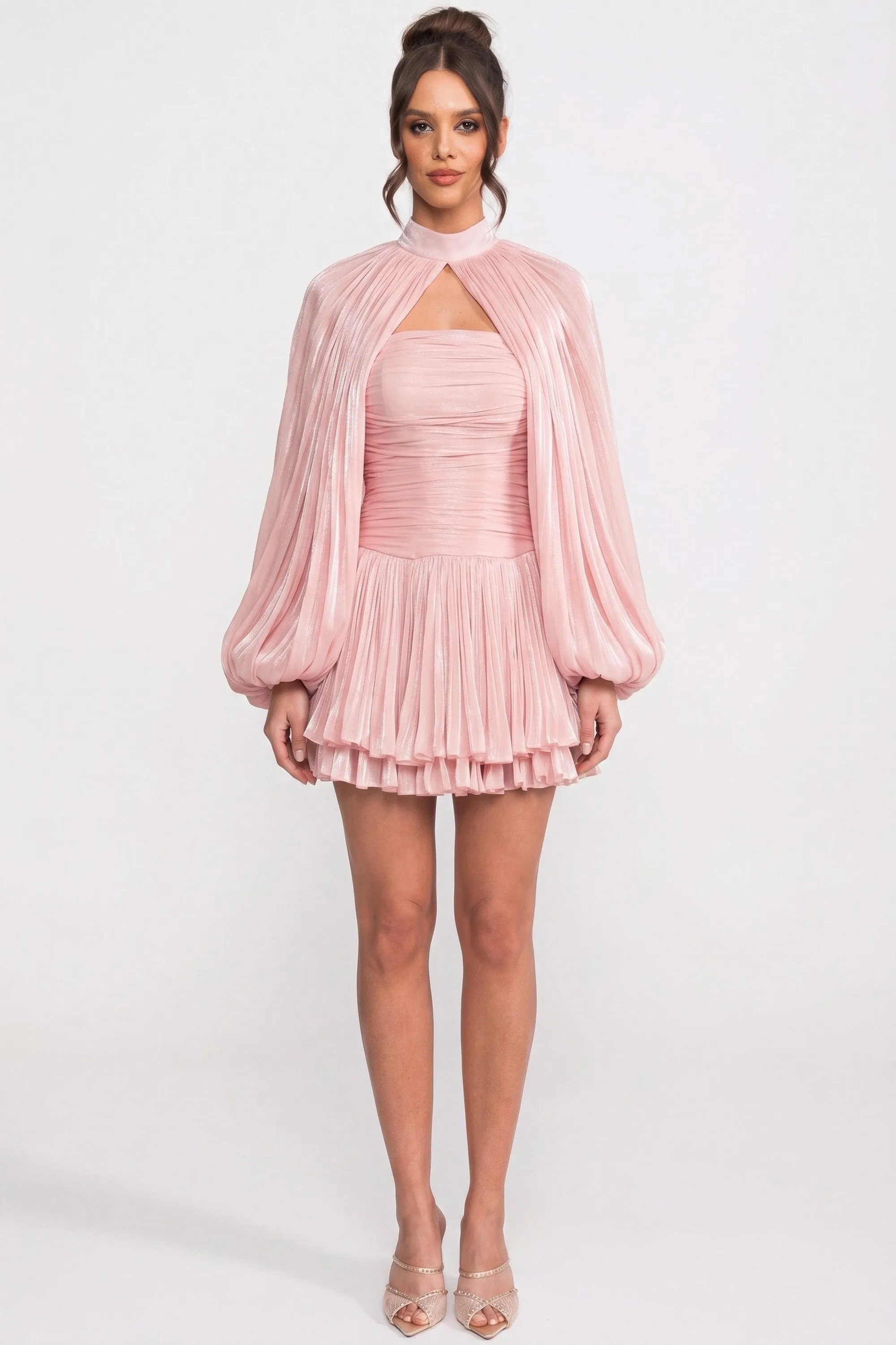 High-Neck Balloon-Sleeve Mini Dress With Pleated Skirt - Pink sold by Sierra darien product image thumbnail 3