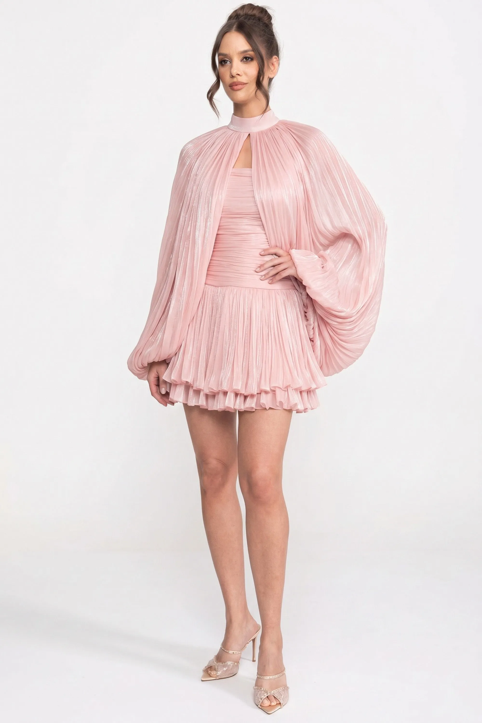 High-Neck Balloon-Sleeve Mini Dress With Pleated Skirt - Pink sold by Sierra darien product image thumbnail 4