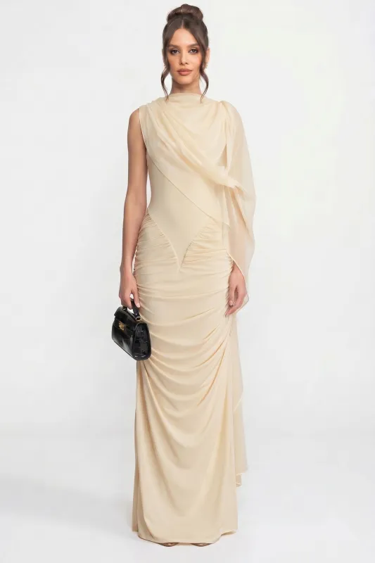 One-Shoulder Draped Maxi Dress With Sheer Scarf Detail - Beige made by Sierra darien