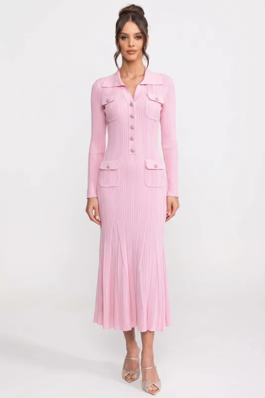 Long-Sleeve Button-Front Knit Maxi Dress With Patch Pockets - Pink made by Sierra darien