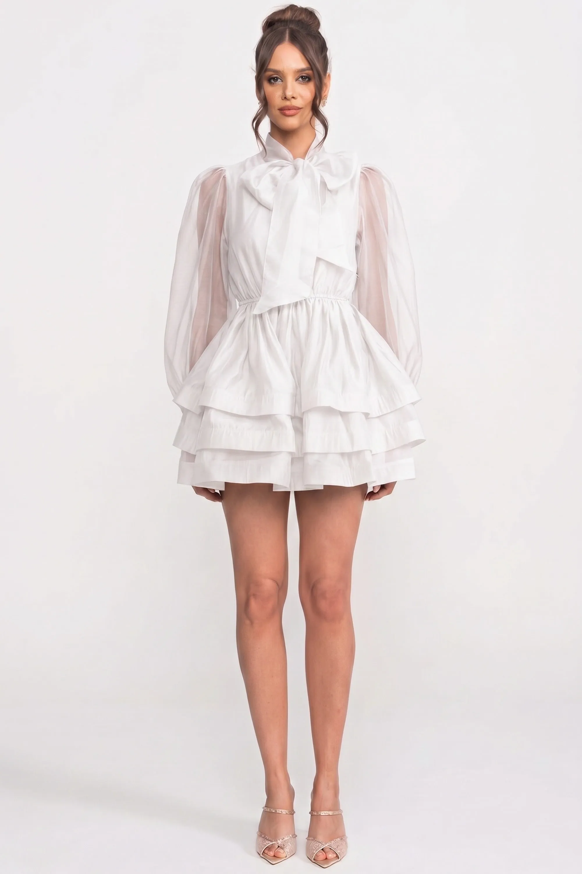 High-Neck Puff-Sleeve Mini Dress With Tiered Ruffle Skirt And Bow - White sold by Sierra darien product image thumbnail 3
