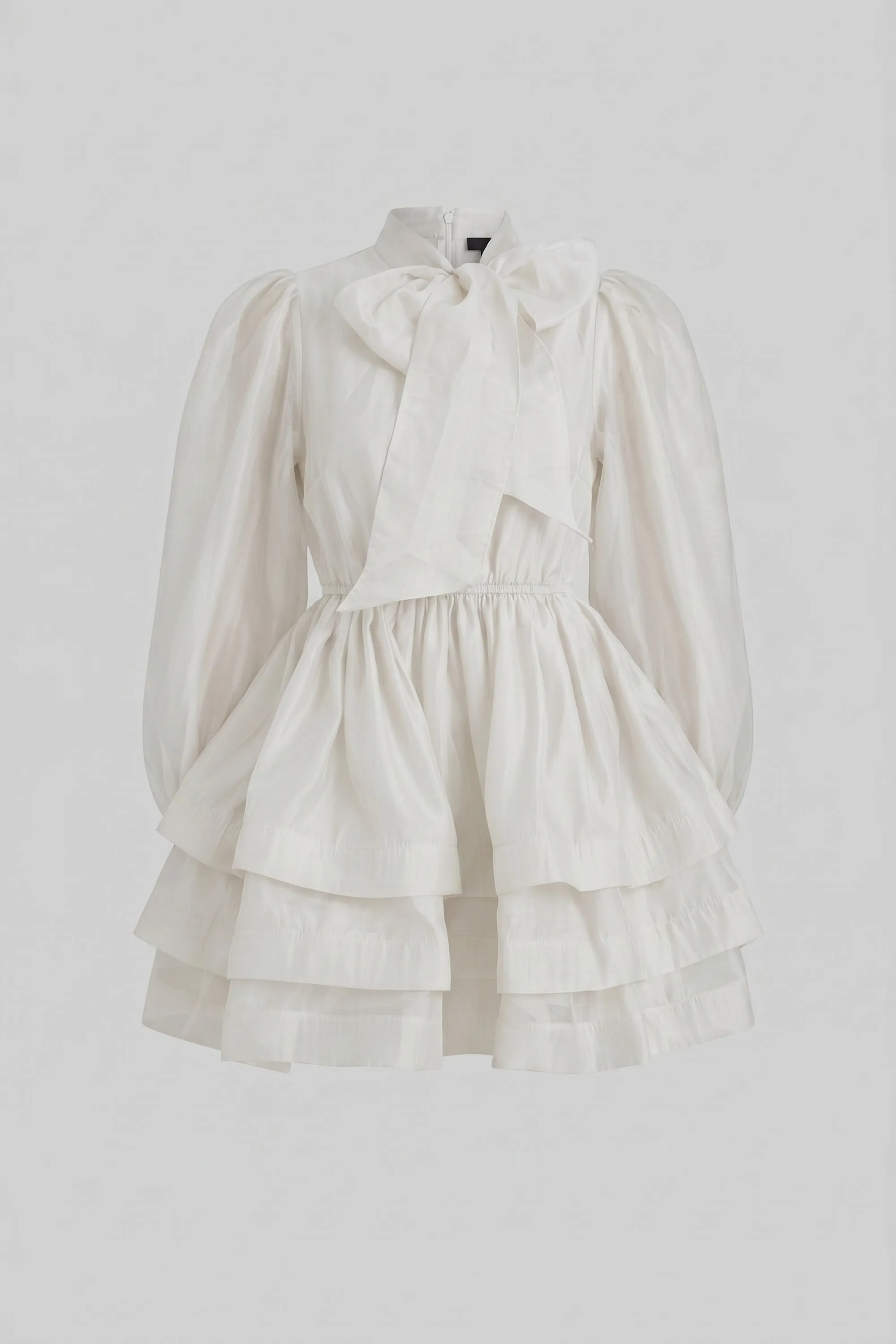 High-Neck Puff-Sleeve Mini Dress With Tiered Ruffle Skirt And Bow - White sold by Sierra darien product image thumbnail 2