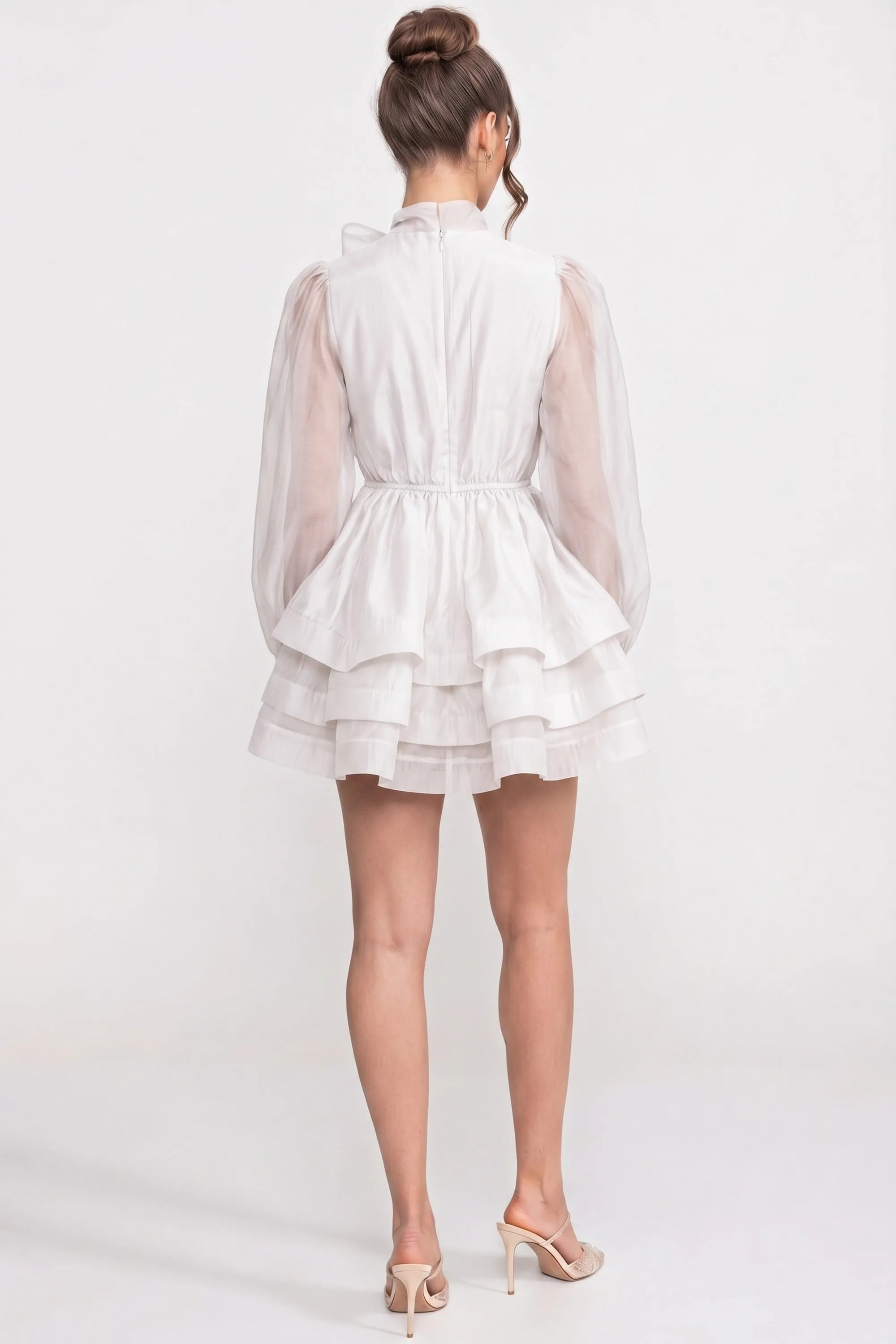 High-Neck Puff-Sleeve Mini Dress With Tiered Ruffle Skirt And Bow - White sold by Sierra darien product image thumbnail 5