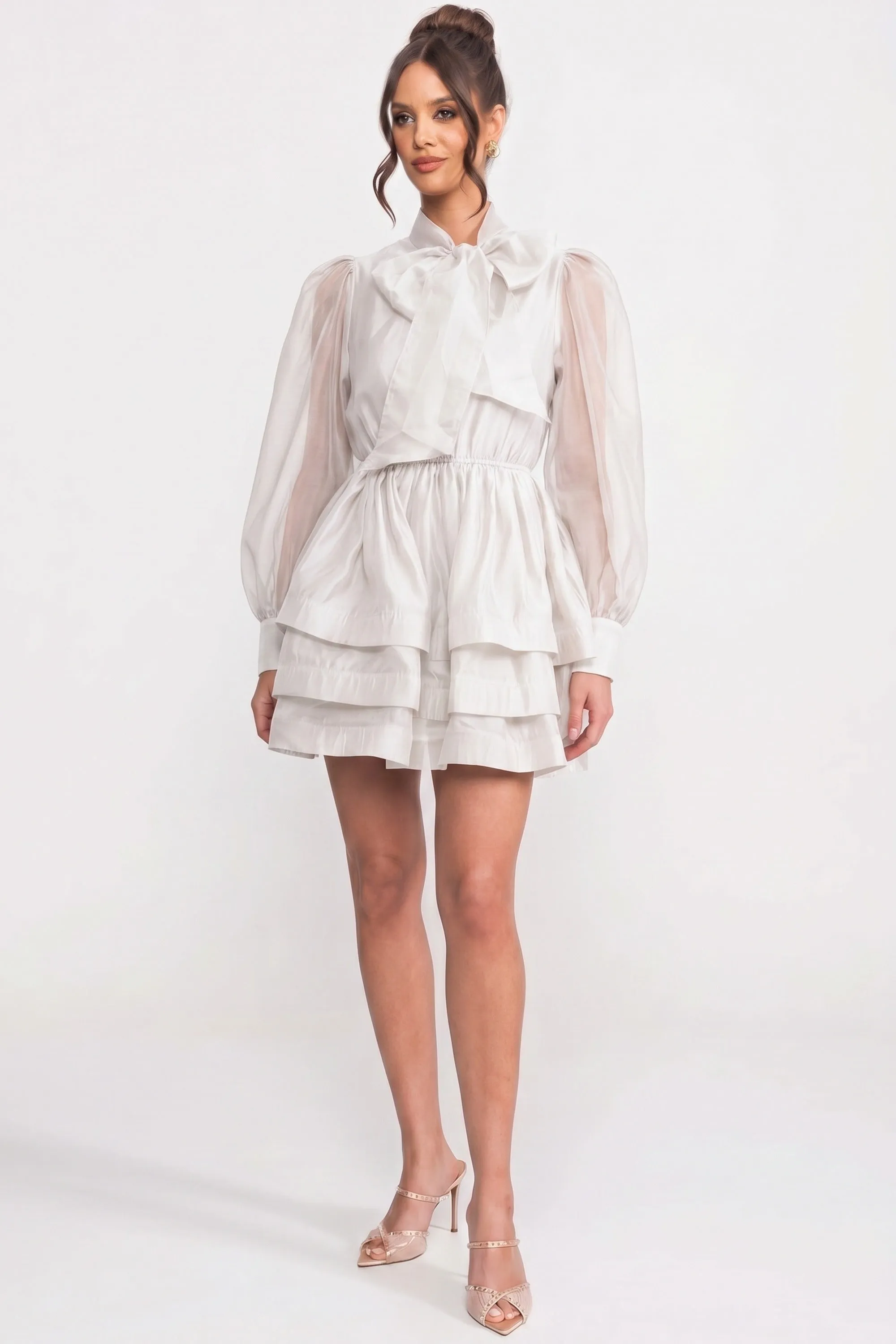 High-Neck Puff-Sleeve Mini Dress With Tiered Ruffle Skirt And Bow - White sold by Sierra darien product image thumbnail 4
