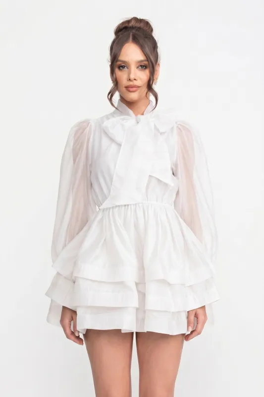 High-Neck Puff-Sleeve Mini Dress With Tiered Ruffle Skirt And Bow - White made by Sierra darien