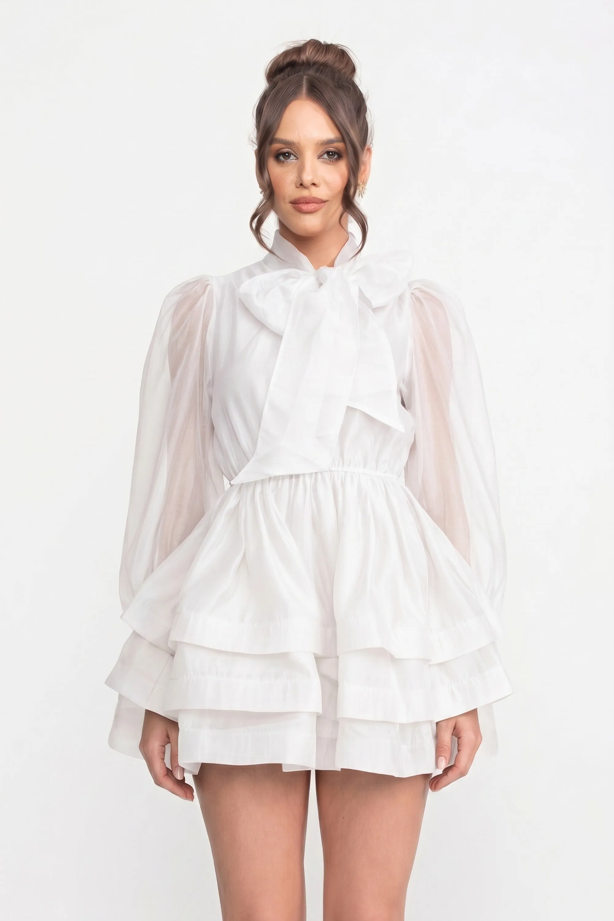 High-Neck Puff-Sleeve Mini Dress With Tiered Ruffle Skirt And Bow - White sold by Sierra darien