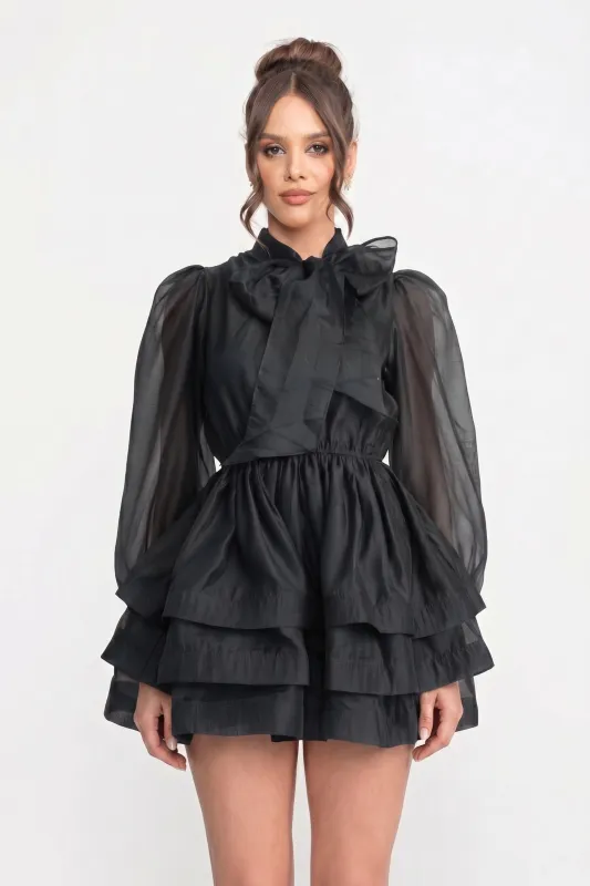 High-Neck Puff-Sleeve Mini Dress With Tiered Ruffle Skirt And Bow - Black made by Sierra darien