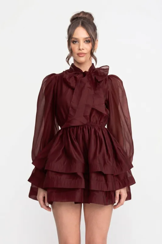 High-Neck Puff-Sleeve Mini Dress With Tiered Ruffle Skirt And Bow - Wine made by Sierra darien