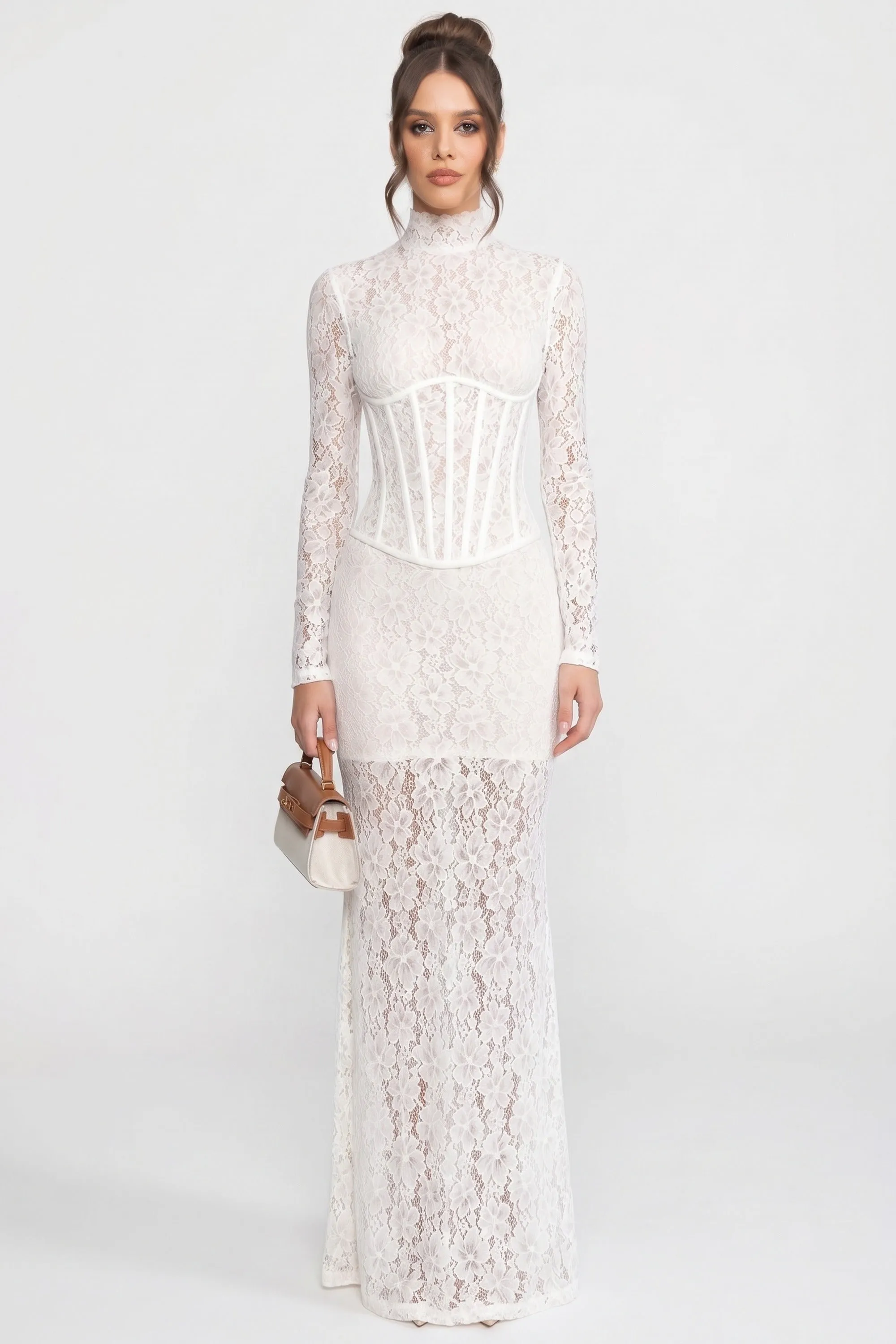 High-Neck Long-Sleeve Lace Maxi Dress With Column Silhouette - White sold by Sierra darien