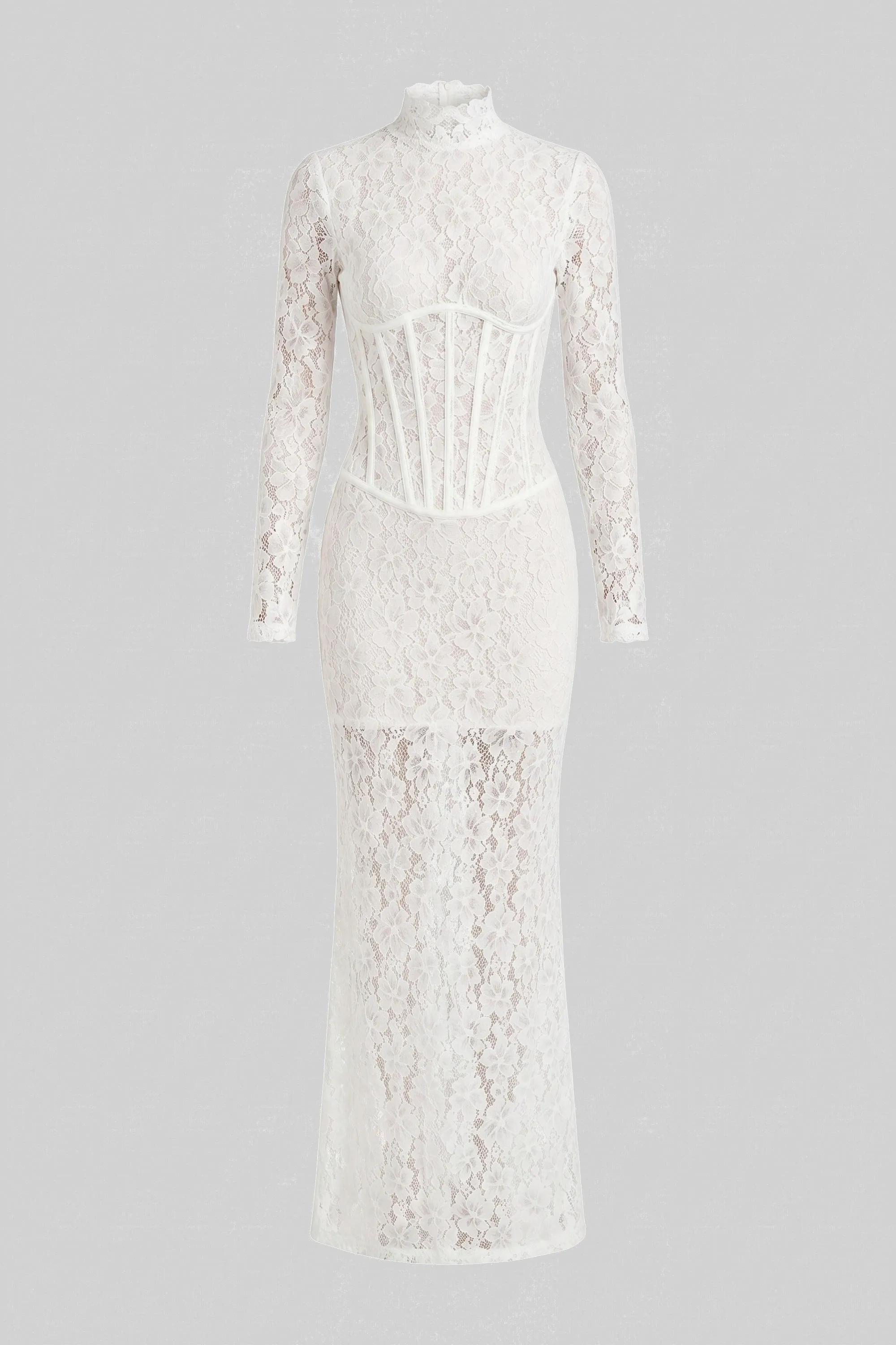 High-Neck Long-Sleeve Lace Maxi Dress With Column Silhouette - White sold by Sierra darien product image thumbnail 2