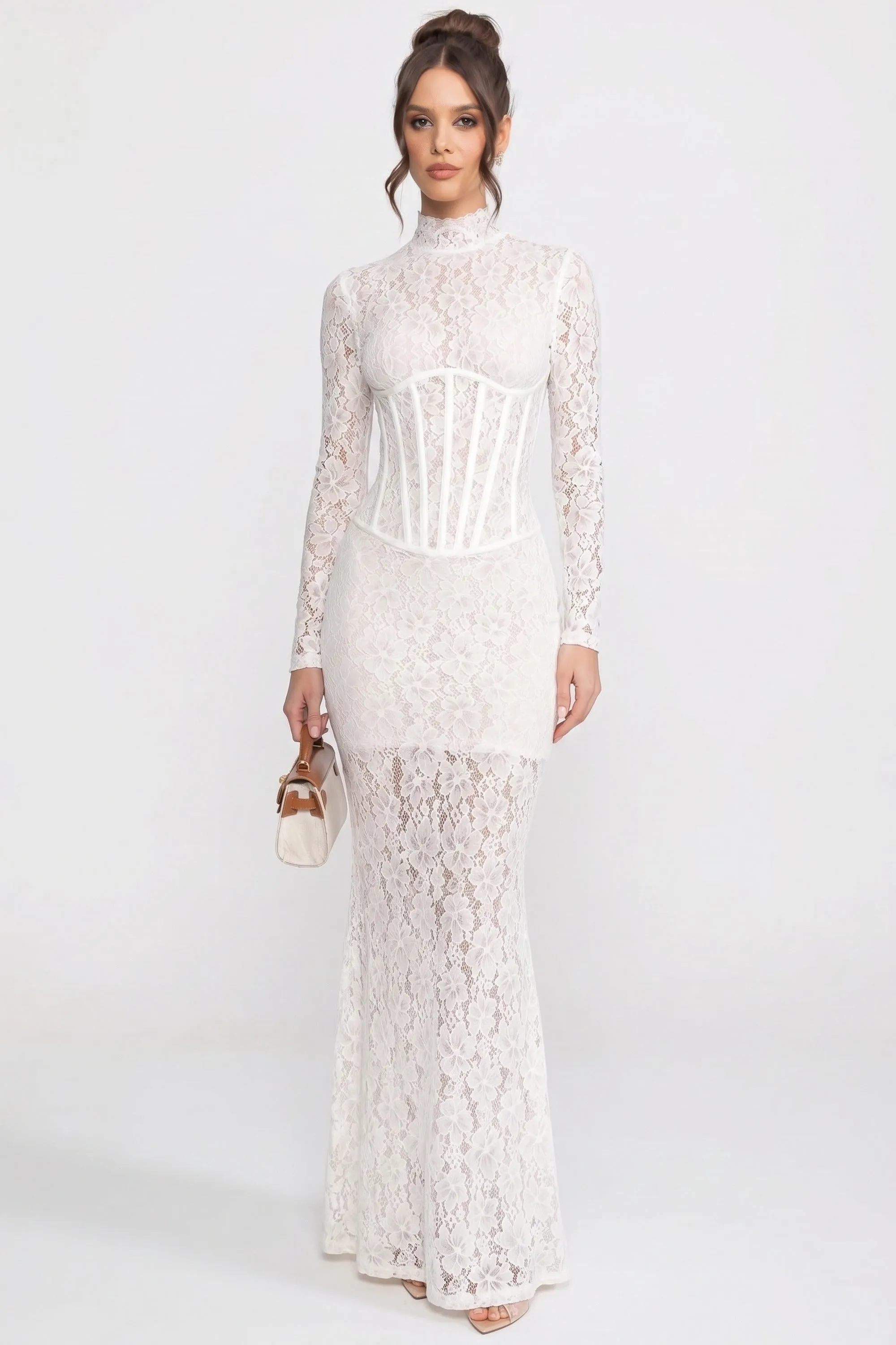 High-Neck Long-Sleeve Lace Maxi Dress With Column Silhouette - White sold by Sierra darien product image thumbnail 3