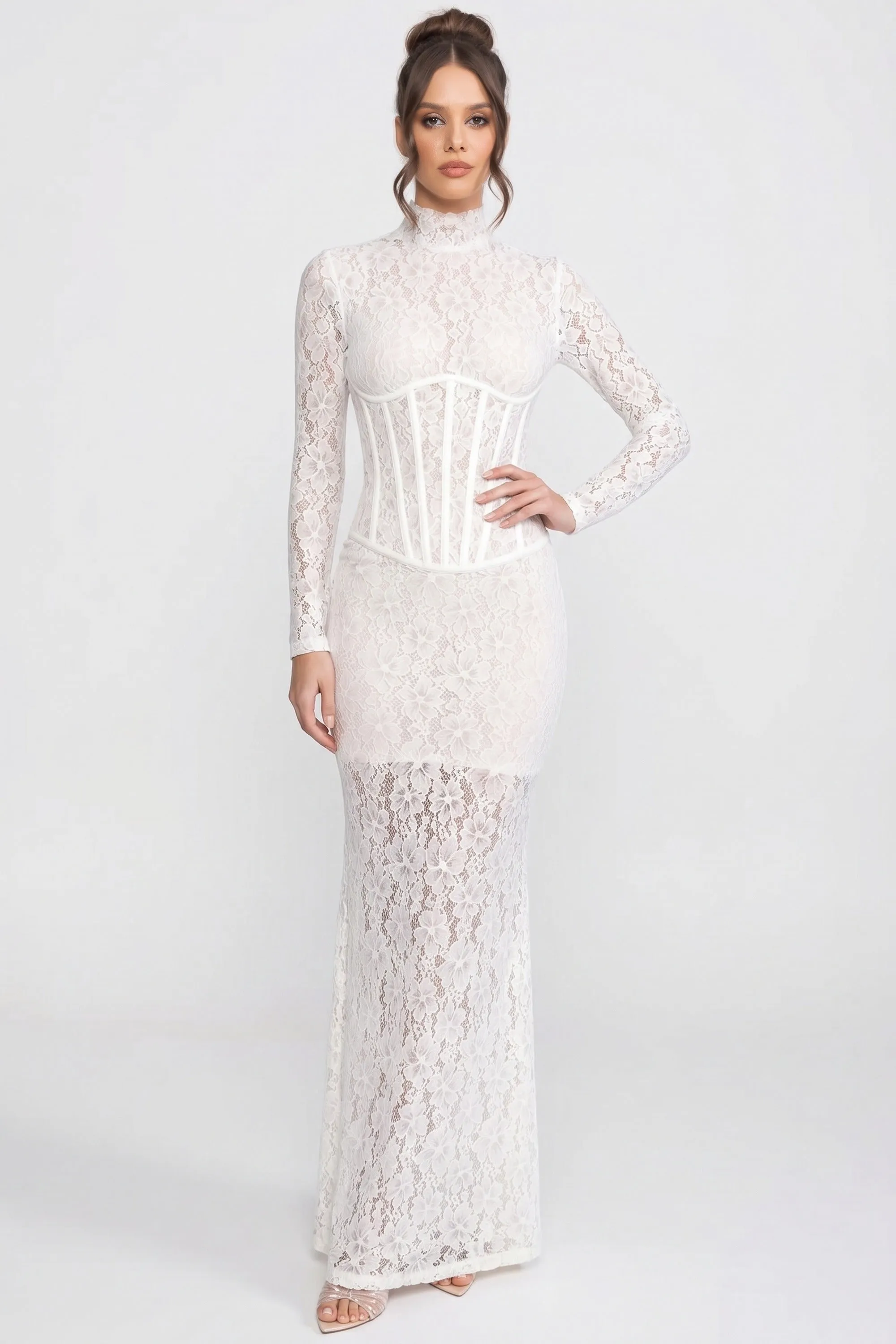High-Neck Long-Sleeve Lace Maxi Dress With Column Silhouette - White sold by Sierra darien product image thumbnail 4