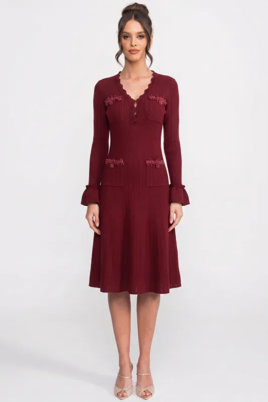 Long-Sleeve V-Neck Knit Mini Dress With Ruffle Hem And Bow Cuffs - Burgundy made by Sierra darien