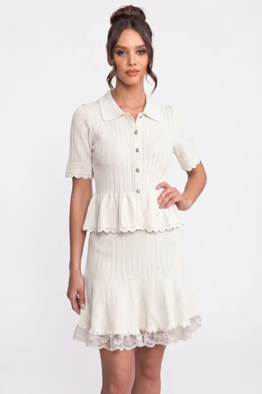 Polo-Collar Mini Dress With Button Top, Peplum Waist And Lace Hem - White made by Sierra darien