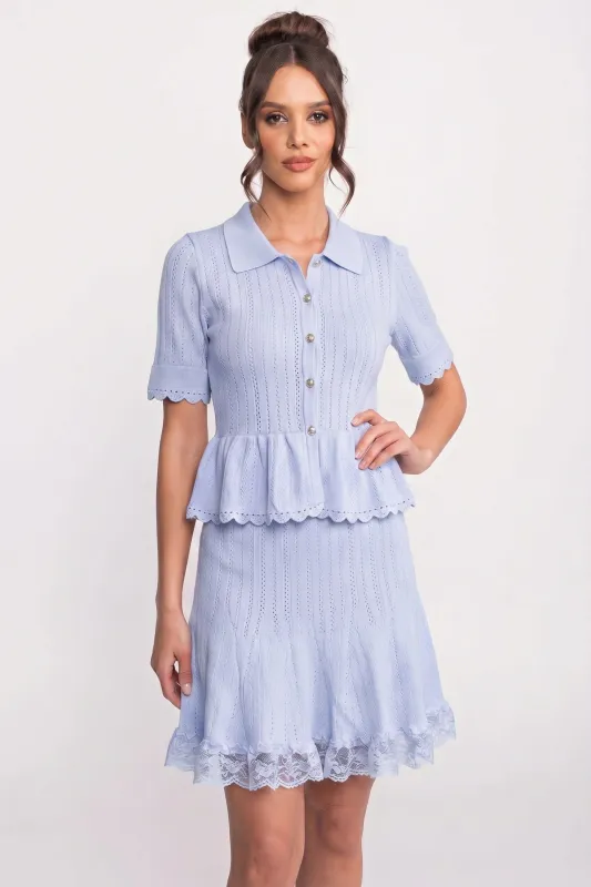 Polo-Collar Mini Dress With Button Top, Peplum Waist And Lace Hem - Blue made by Sierra darien