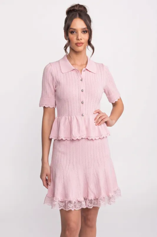 Polo-Collar Mini Dress With Button Top, Peplum Waist And Lace Hem - Pink made by Sierra darien