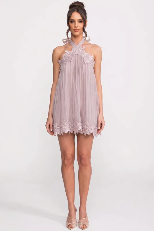 Halter Neck Chiffon Mini Dress With Lace Hem - Pink made by Sierra darien