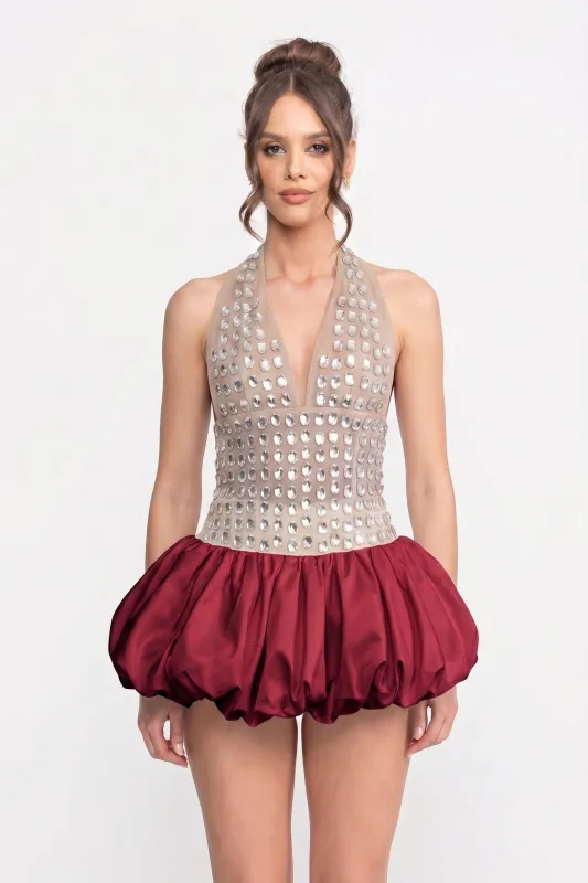 Crystal-Embellished Halter Mini Dress With Bubble Skirt - Red made by Sierra darien