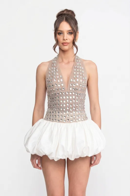 Crystal-Embellished Halter Mini Dress With Bubble Skirt - White made by Sierra darien