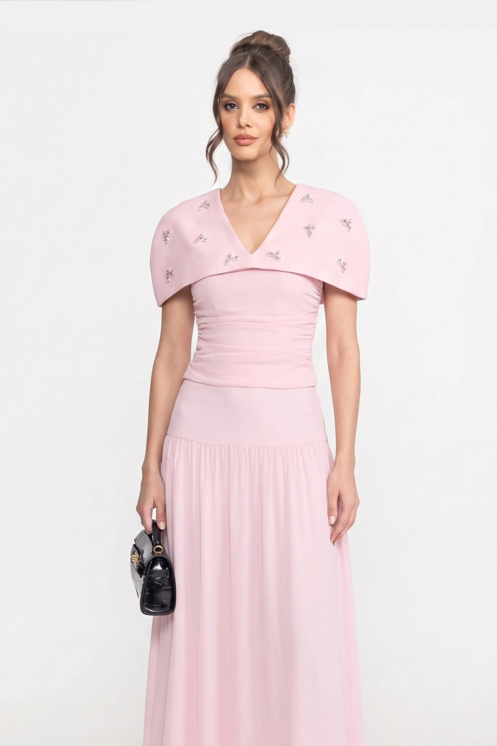 3-Piece Co-Ord Set With Ruched Top, Detachable Cape And Maxi Skirt - Pink sold by Sierra darien product image thumbnail 3