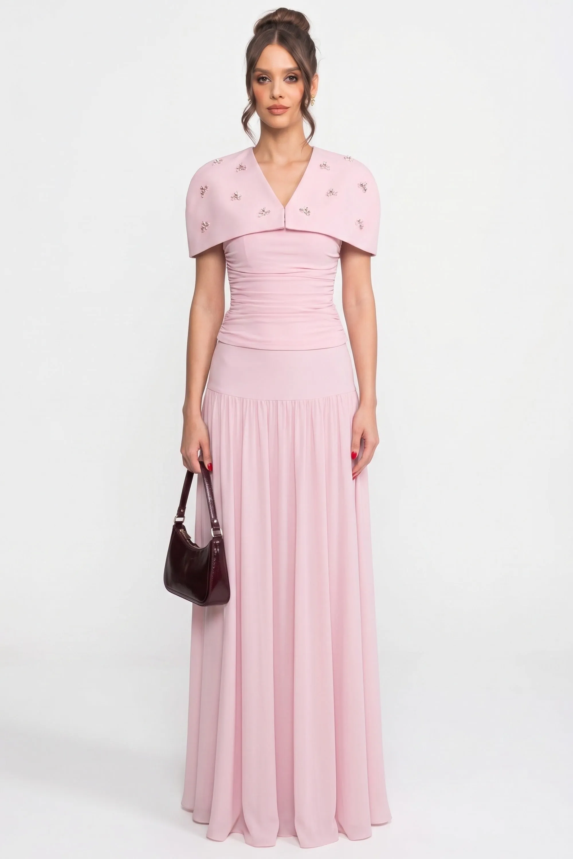3-Piece Co-Ord Set With Ruched Top, Detachable Cape And Maxi Skirt - Pink sold by Sierra darien
