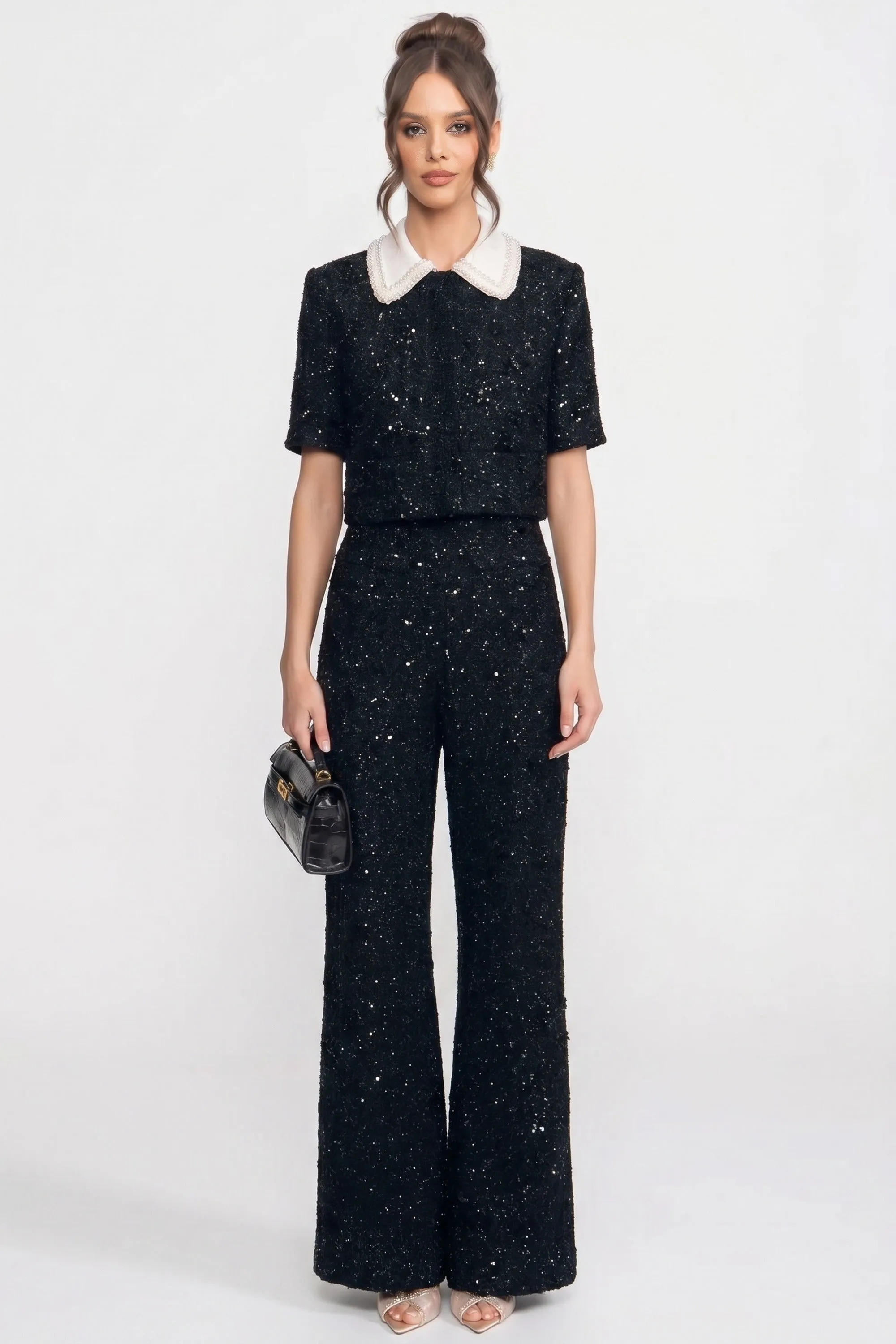 Short-Sleeve Tweed Cropped Jacket With Contrast Collar And Sequin Detail - Black sold by Sierra darien product image thumbnail 2