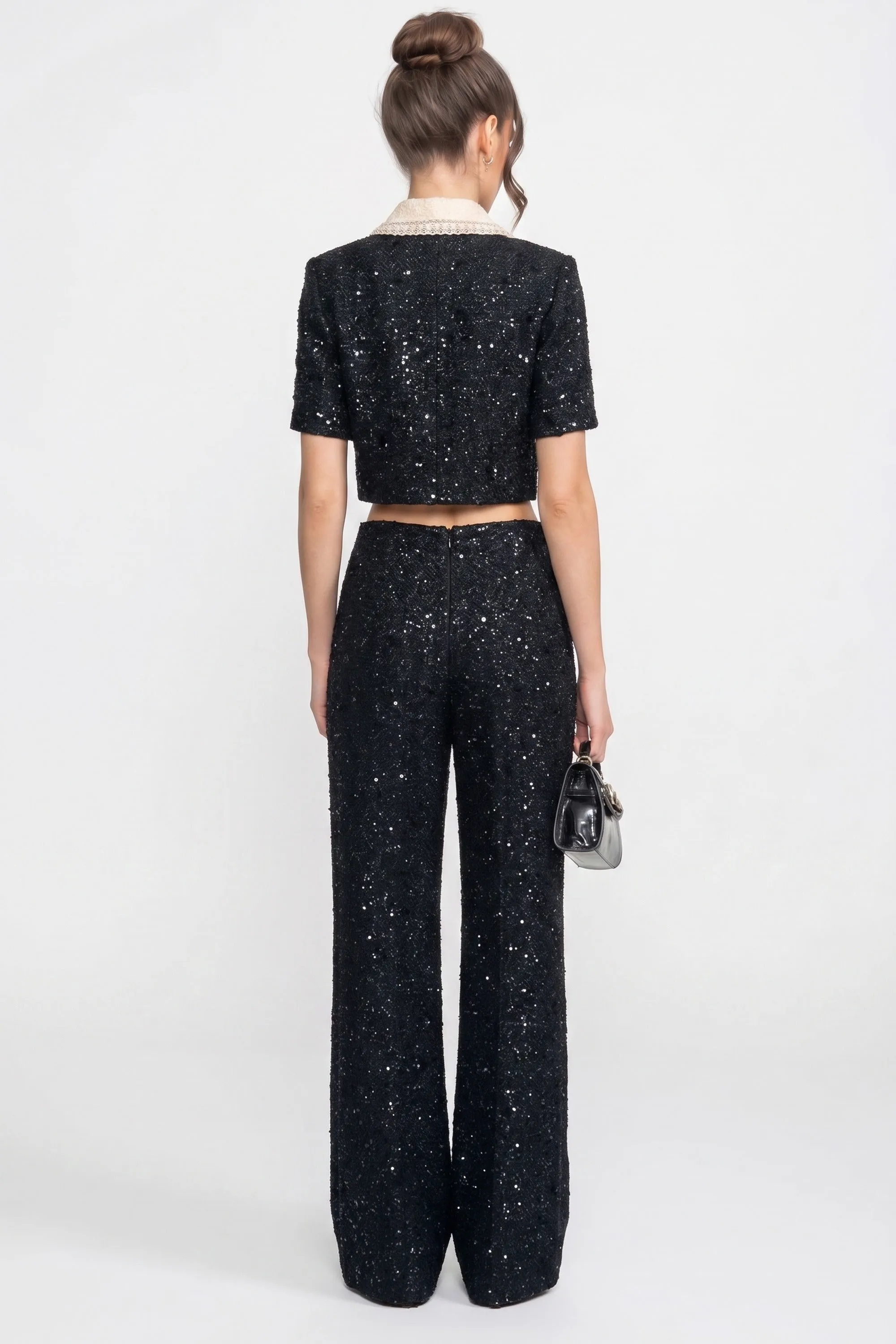 Short-Sleeve Tweed Cropped Jacket With Contrast Collar And Sequin Detail - Black sold by Sierra darien product image thumbnail 5