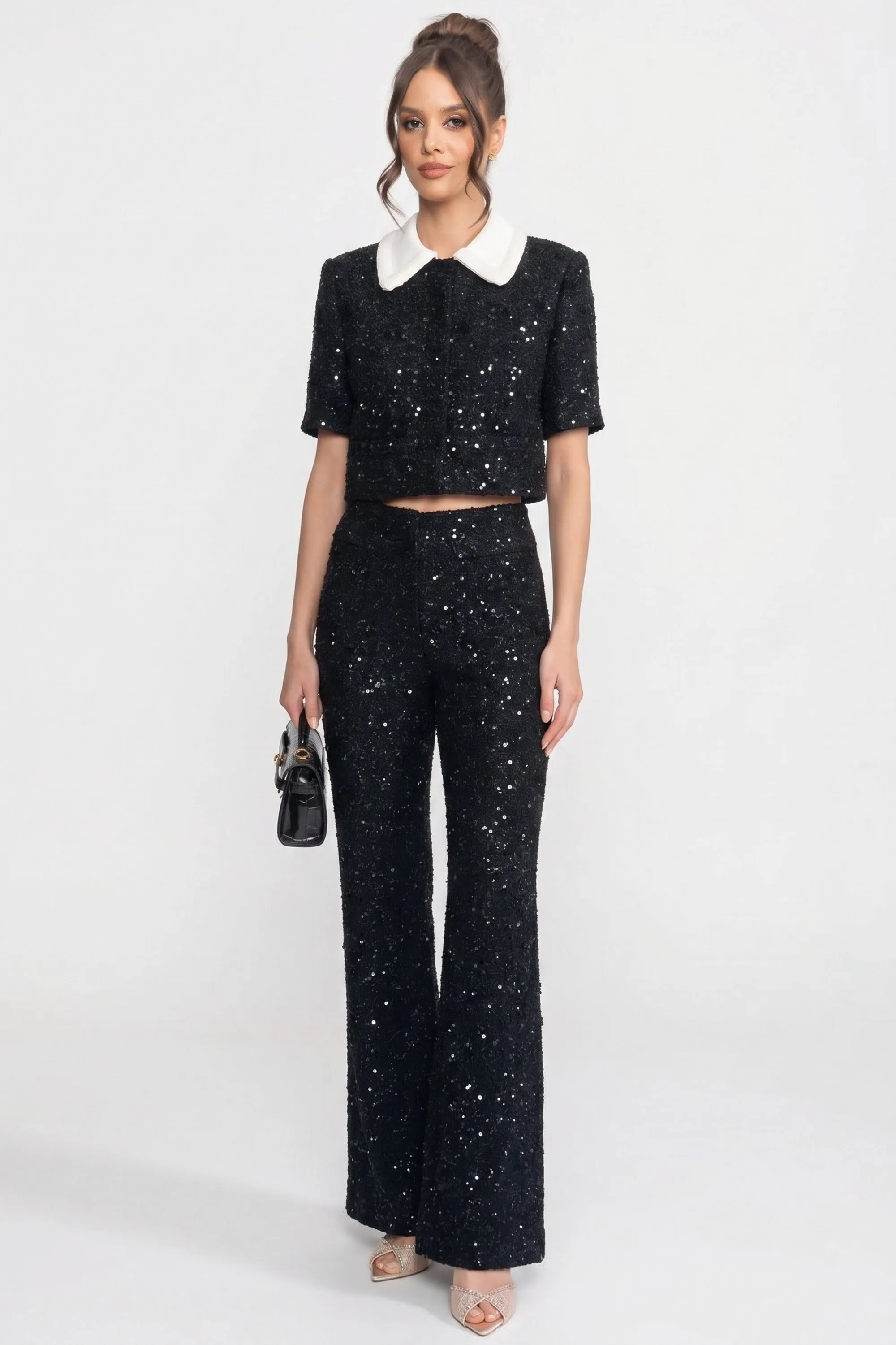 Short-Sleeve Tweed Cropped Jacket With Contrast Collar And Sequin Detail - Black sold by Sierra darien product image thumbnail 4