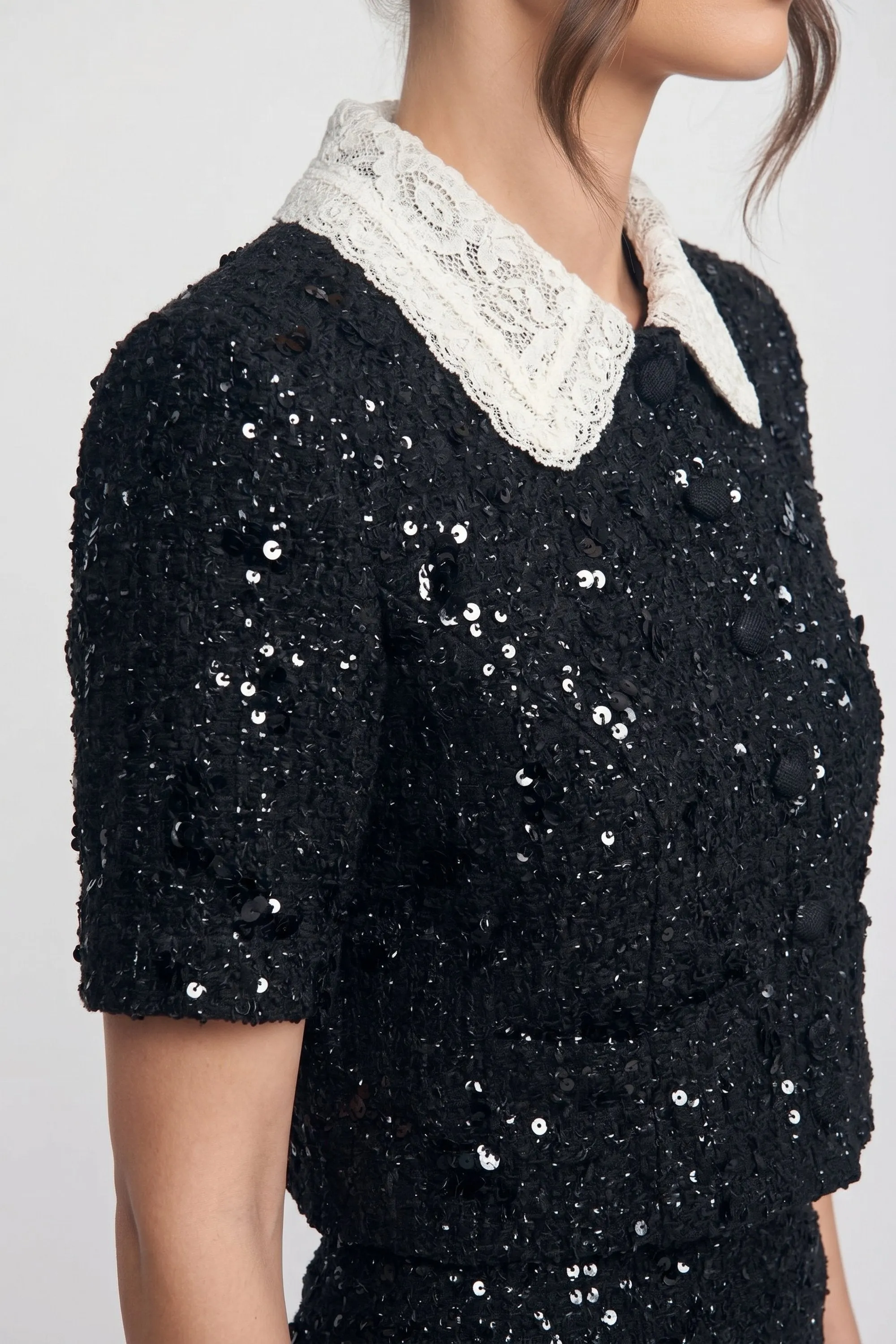 Short-Sleeve Tweed Cropped Jacket With Contrast Collar And Sequin Detail - Black sold by Sierra darien product image thumbnail 3