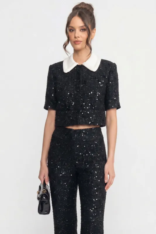 Short-Sleeve Tweed Cropped Jacket With Contrast Collar And Sequin Detail - Black made by Sierra darien