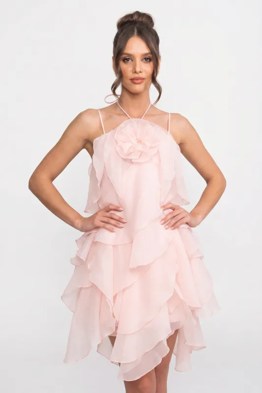 Tiered Ruffle Mini Dress With 3D Floral Halter Neck - Pink made by Sierra darien