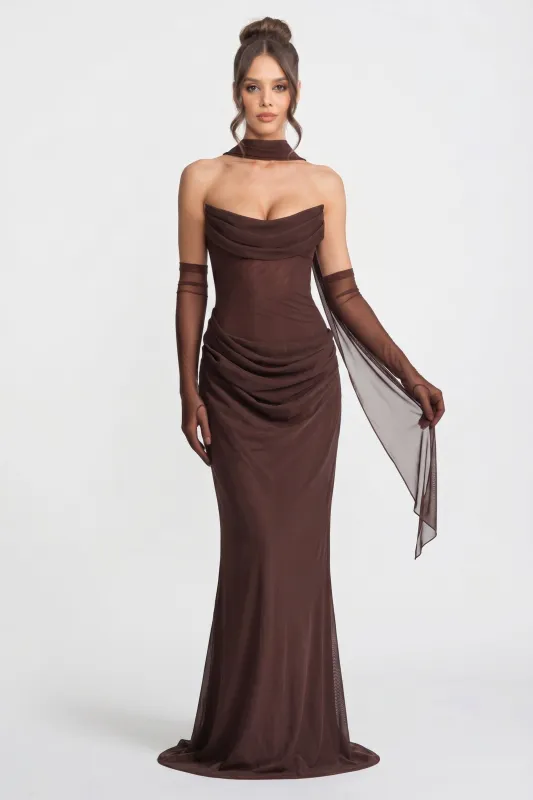 Strapless Draped Maxi Gown With Cowl Neckline And Sheer Scarf - Brown made by Sierra darien