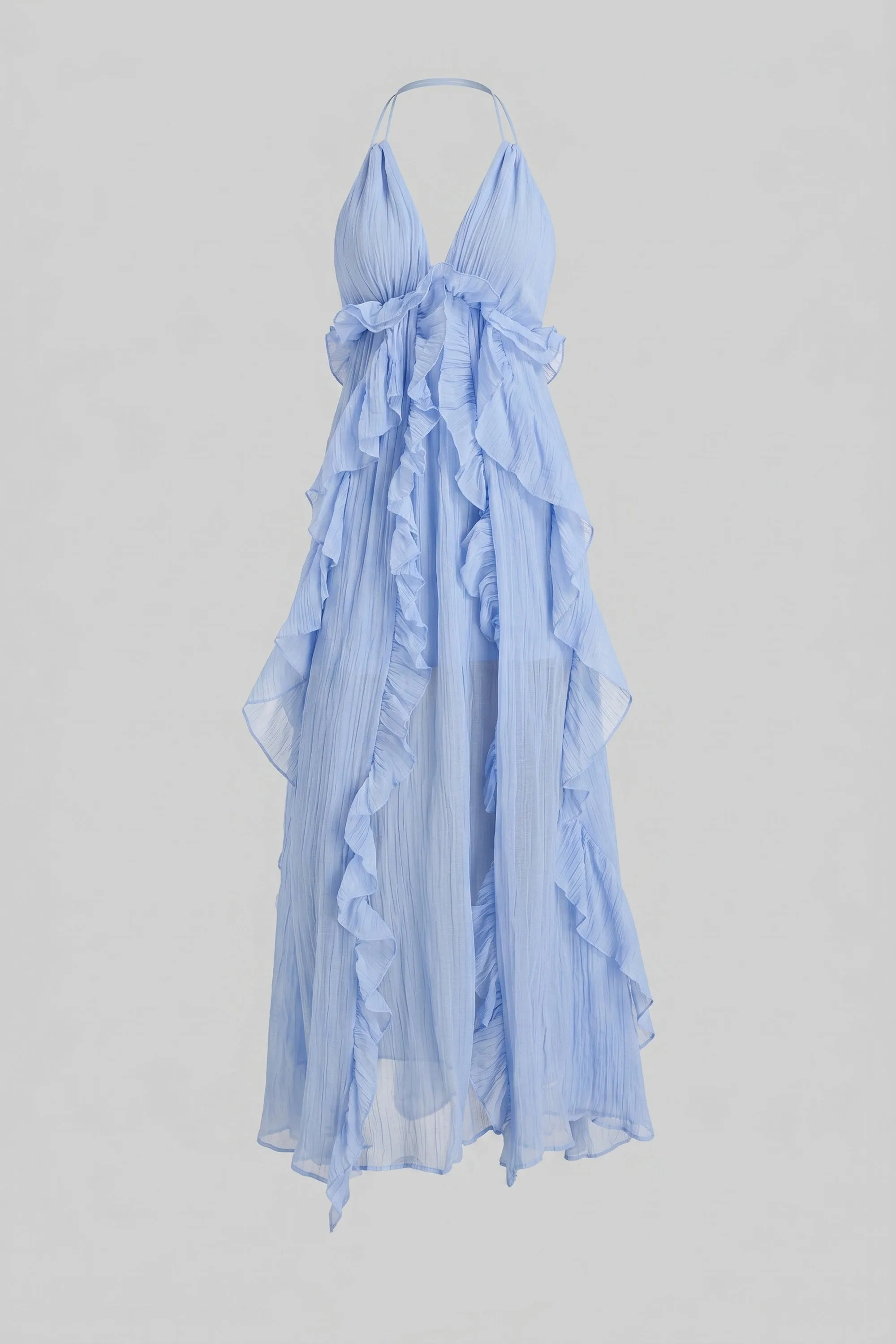 Deep V-Neck Ruffle Maxi Dress With Cascading Asymmetric Tiers - Blue sold by Sierra darien product image thumbnail 2