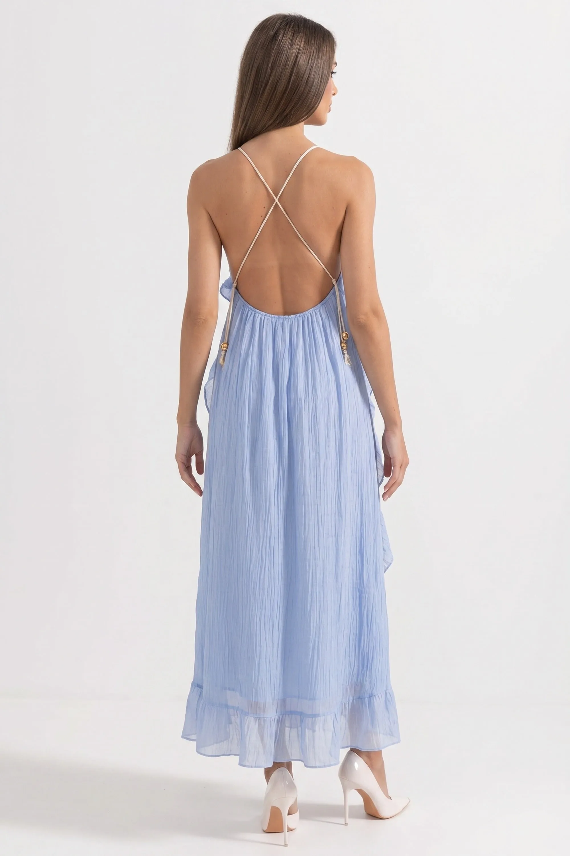 Deep V-Neck Ruffle Maxi Dress With Cascading Asymmetric Tiers - Blue sold by Sierra darien product image thumbnail 5