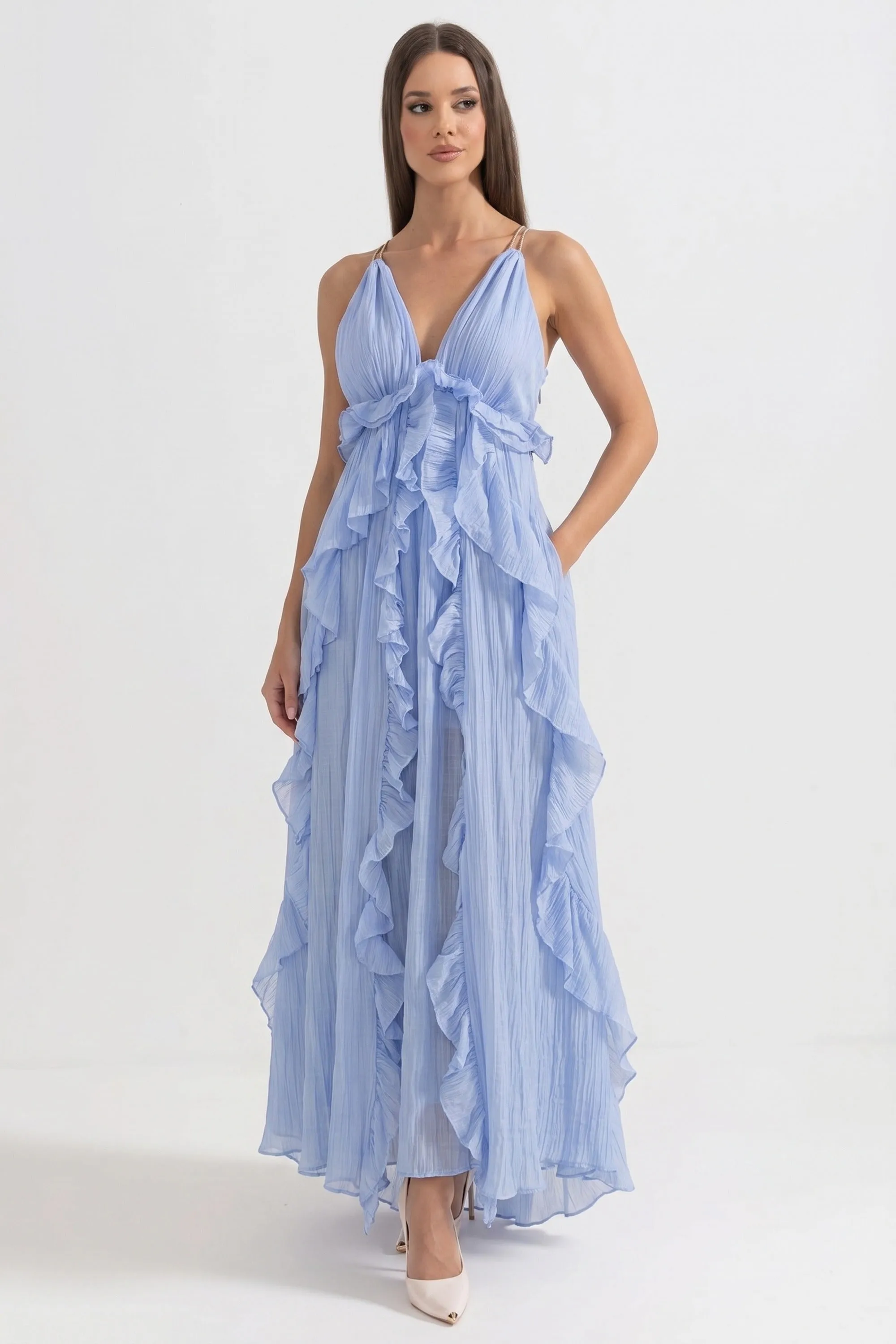 Deep V-Neck Ruffle Maxi Dress With Cascading Asymmetric Tiers - Blue sold by Sierra darien product image thumbnail 3