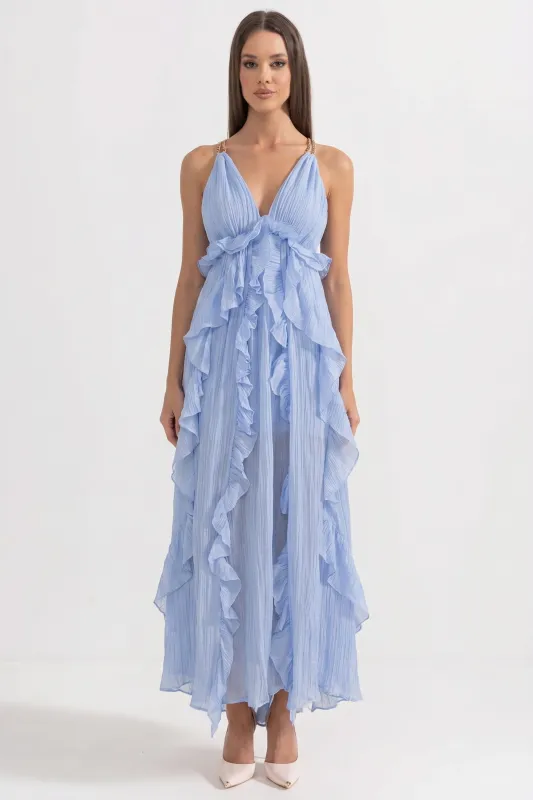 Deep V-Neck Ruffle Maxi Dress With Cascading Asymmetric Tiers - Blue made by Sierra darien