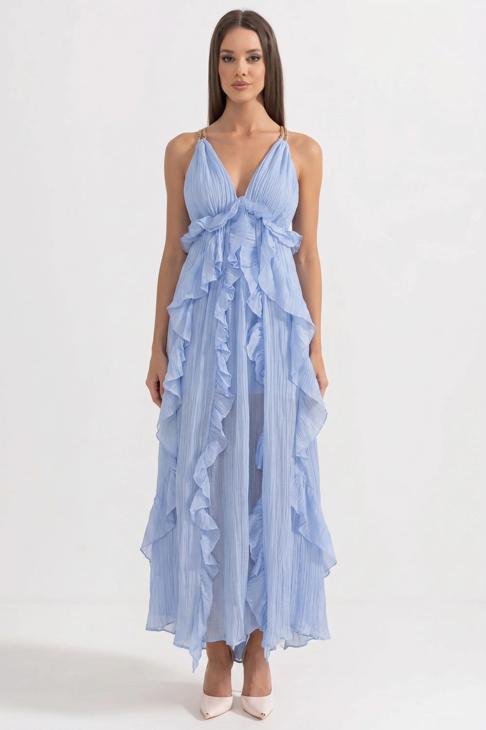 Deep V-Neck Ruffle Maxi Dress With Cascading Asymmetric Tiers - Blue sold by Sierra darien