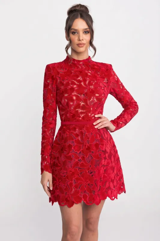 Long-Sleeve Lace Mini Dress With High Neck And Scalloped Hem - Red made by Sierra darien