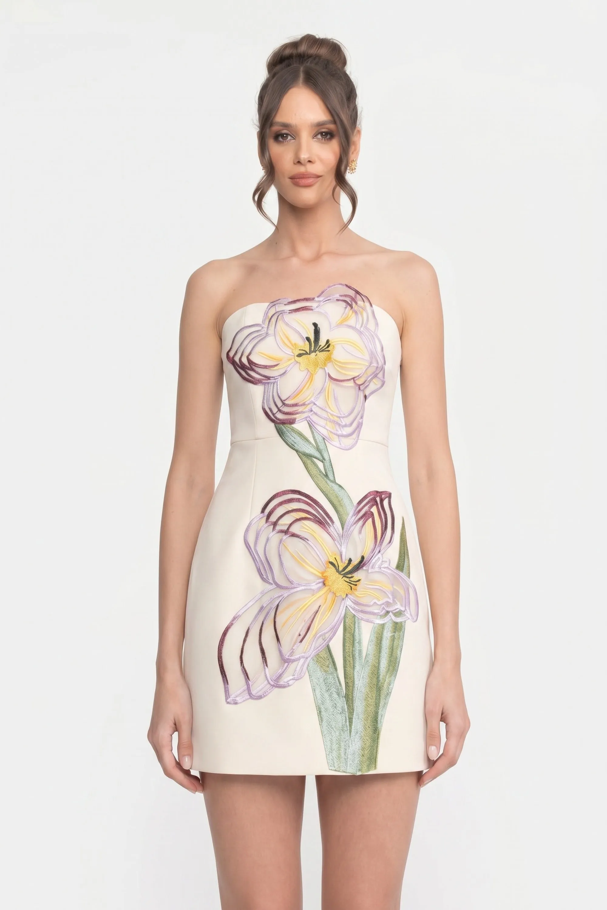 Strapless Mini Dress With 3D Iris Floral Appliqué - White sold by Sierra darien product image thumbnail 3